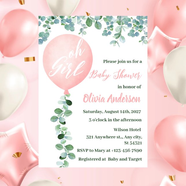 Oh Girl, modern pink Balloon Baby Shower  Invitation (Creator Uploaded)