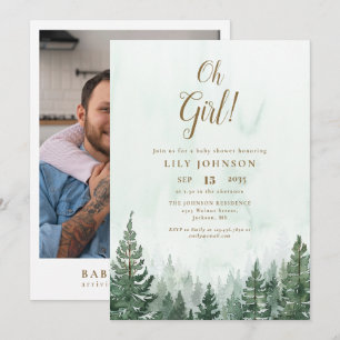 Oh Girl Pine Tree Forest Baby Shower Photo Invitation