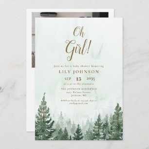 Oh Girl Pine Tree Forest Baby Shower Photo QR Code Invitation