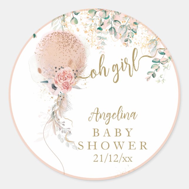Oh Girl Pink Balloon Floral Eucalyptus Baby Shower Classic Round Sticker (Front)