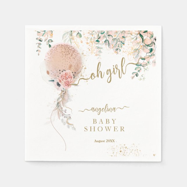 Oh Girl Pink Balloon Floral Eucalyptus Baby Shower Napkin (Front)