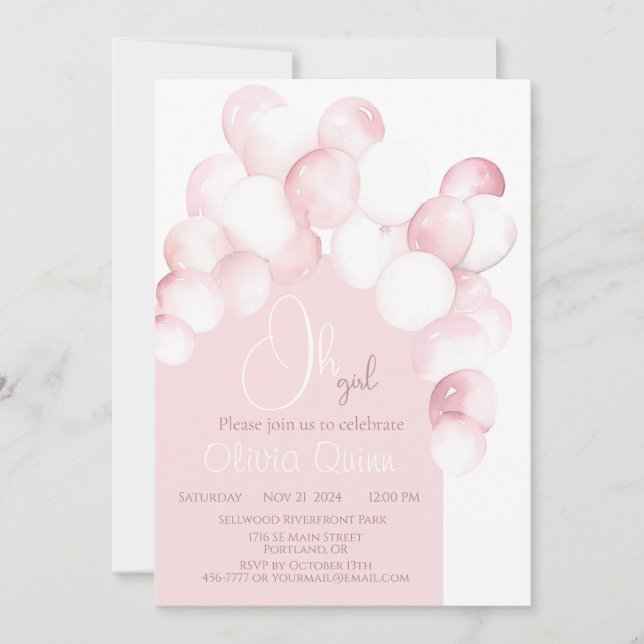 Oh girl pink balloons arch baby shower invitation (Front)