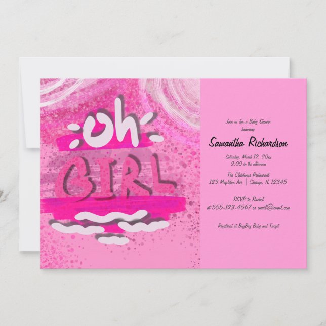 "OH GIRL" | Pink Calligraphy Baby Girl Shower Invitation (Front)