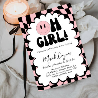Oh Girl! Pink Checkered Happy Face Baby Shower Invitation