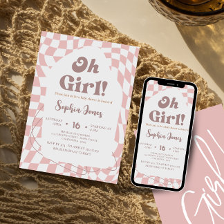 Oh Girl! Pink Chequered | Gingham | baby shower Invitation