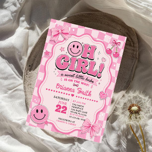 Oh Girl Pink Chequered Happy Face Bow Baby Shower Invitation