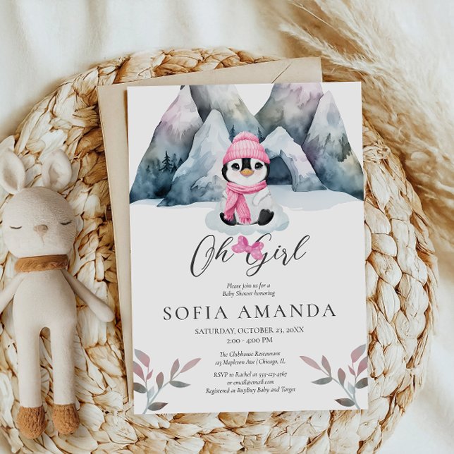 Oh Girl Pink Penguins Winter Baby Shower Invitation (Creator Uploaded)