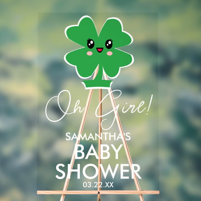 Oh Girl Shamrock Baby Shower Welcome Acrylic Sign (Neutral)