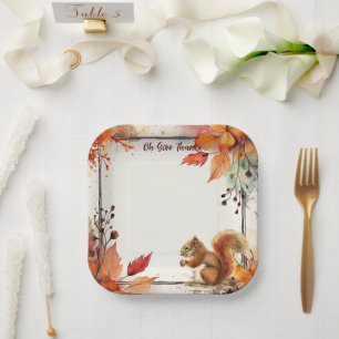 Oh Give Thanks, Thanksgiving Autumn Squirrel Paper Plate