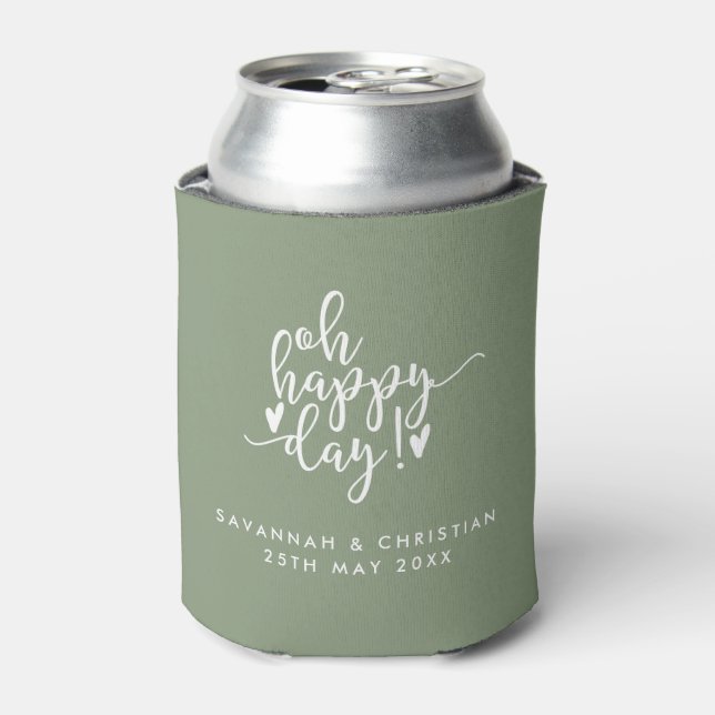 Oh Happy Day Script Sage Wedding Can Cooler (Can Front)