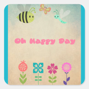 Oh Happy Day Whimsical Flowers and Cheerful Bugs Square Sticker