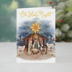 Oh Holy Night Christmas Nativity Watercolor Foil Holiday Card
