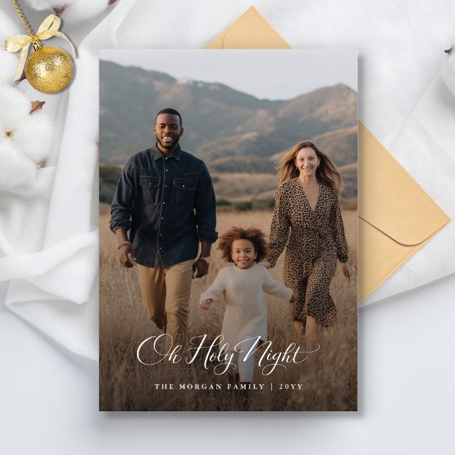 Oh Holy Night Elegant Religious Family Photo Green Holiday Card (Creator Uploaded)
