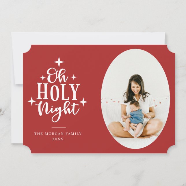 Oh Holy Night Red Photo Holiday Card (Front)