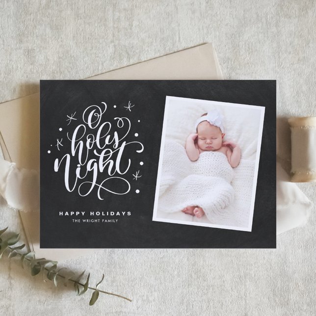 Oh Holy Night Script Rustic Chalkboard Photo Holiday Card (Creator Uploaded)