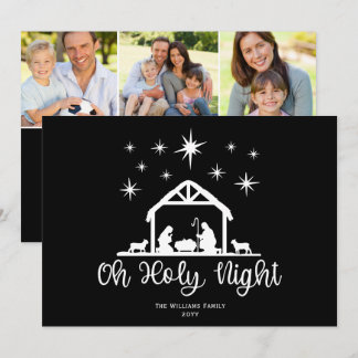 Oh Holy Night Script Typography Nativity 3 Photo Holiday Card
