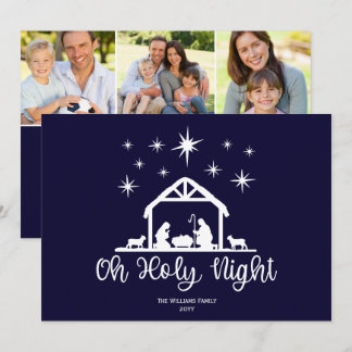 Oh Holy Night Script Typography Nativity 3 Photo Holiday Card