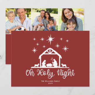 Oh Holy Night Script Typography Nativity 3 Photo Holiday Card