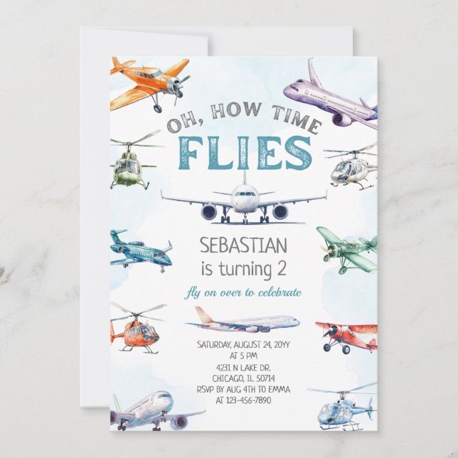 Oh How Time Flies Aeroplane Birthday Invitation (Front)
