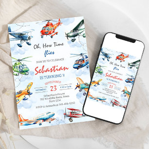 Oh How Time Flies Aeroplane Pilot Kids Birthday Invitation