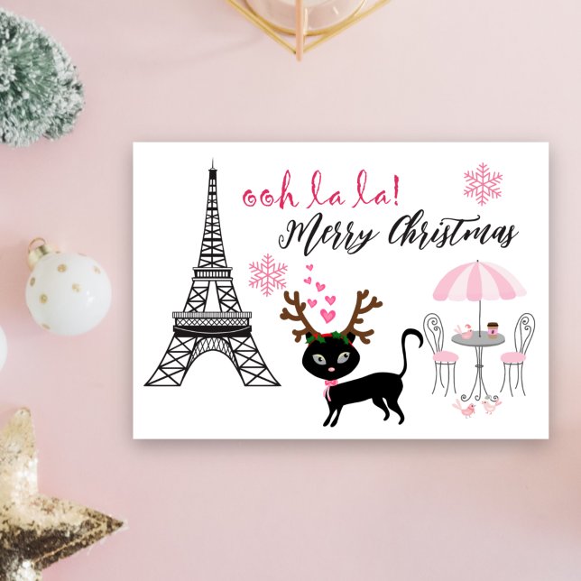 Oh La La Cute Cat Paris Eiffel Tower Christmas Holiday Card (Creator Uploaded)