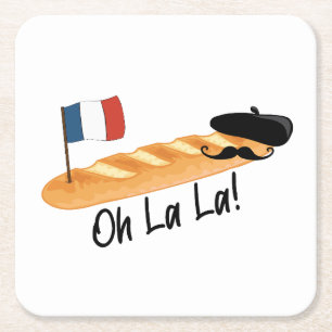 Oh La La - French Baguette - Funny Francophile Square Paper Coaster