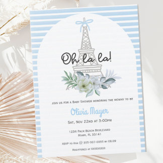 Oh La La French Paris Boy Blue Trendy Baby Shower Invitation