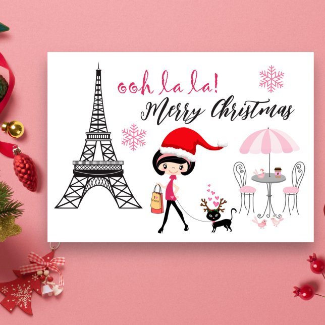 Oh La La Girl and Cat Paris Eiffel Tower Christmas Holiday Card (Creator Uploaded)