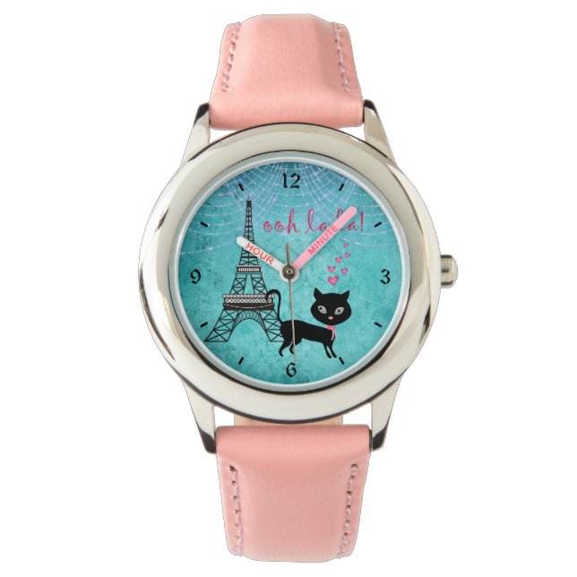 Oh La La Paris Cat With Eiffel Tower and Lights Watch (Front)
