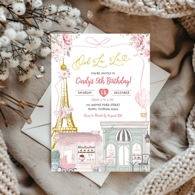 Oh La La Pink Parisian Cafe Bow Coquette Birthday Invitation (Creator Uploaded)