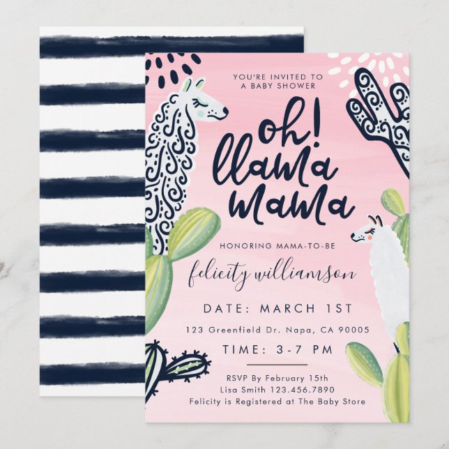 Oh Llama Mama Baby Girl Baby Shower Invitation (Front/Back)