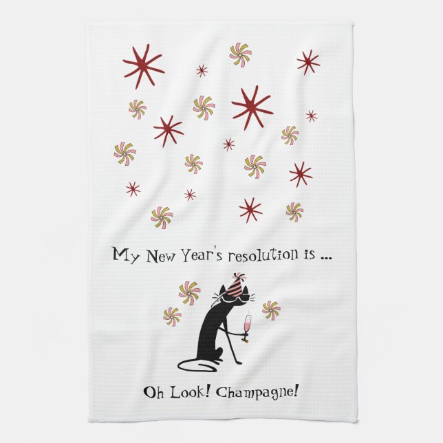 Oh Look! Champagne! New Year's Cat Tea Towel (Vertical)