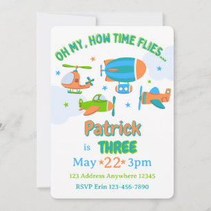 Oh My How Time Flies Blue Green Aviation Birthday Invitation