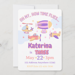 Oh My How Time Flies Pink Purple Aviation Birthday Invitation