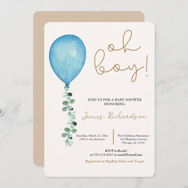 Oh niño beige modernos globos azules bebé invitation (Front/Back)