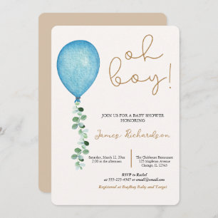Oh niño beige modernos globos azules bebé invitation
