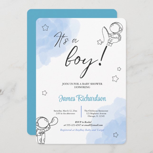 Oh niño eucaliptos modernos globos azules bebé invitation (Front/Back)