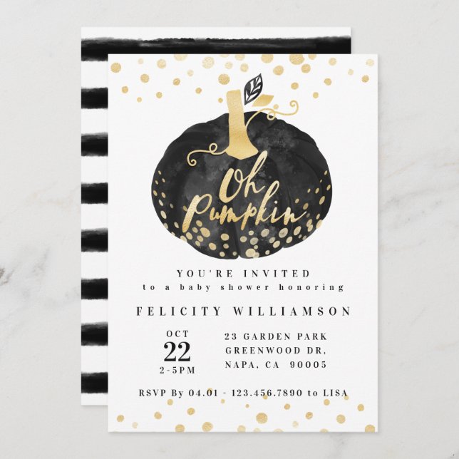 Oh Pumpkin | Chic Black & Gold Pumpkin Baby Shower Invitation (Front/Back)