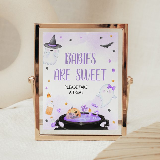 Oh Sheet Boo-y Halloween Babies are Sweet Poster (Purple Oh Sheet Boo-y Ghoul Baby Shower Babies are Sweet Sign)
