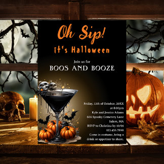 Oh Sip Black Martini Boos & Booze Halloween Party Invitation
