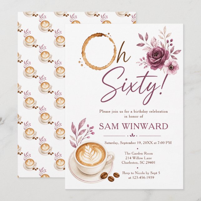 Oh Sixty Floral Coffee 60th Birthday Invitation (Front/Back)
