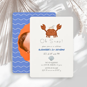 Oh Snap Crab Blue Waves Photo Boy 1st Birthday Invitation