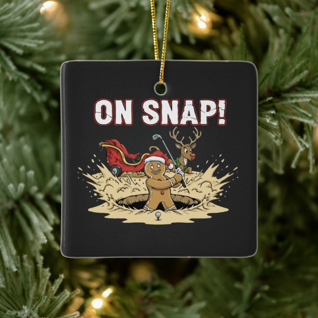 Oh Snap! Funny Gingerbread Man Christmas Golfing  Ceramic Ornament (Tree)