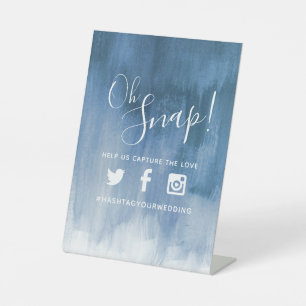 Oh snap hashtag wedding blue grey modern art pedestal sign