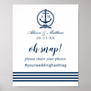 Oh Snap Nautical Navy Blue Wedding Hashtag Sign
