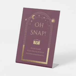 Oh Snap Plum Gold Celestial Wedding Hashtag Pedestal Sign