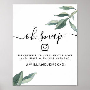 Oh Snap Wedding Hashtag Sign Watercolor Leaves