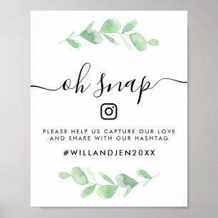 Oh Snap Wedding Hashtag Watercolor Leaves Sign