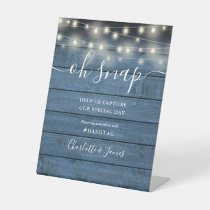 Oh Snap Wedding String Lights Blue Rustic Wood Pedestal Sign