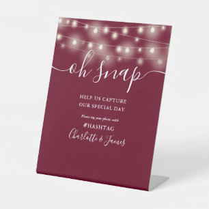 Oh Snap Wedding String Lights Burgundy Pedestal Sign